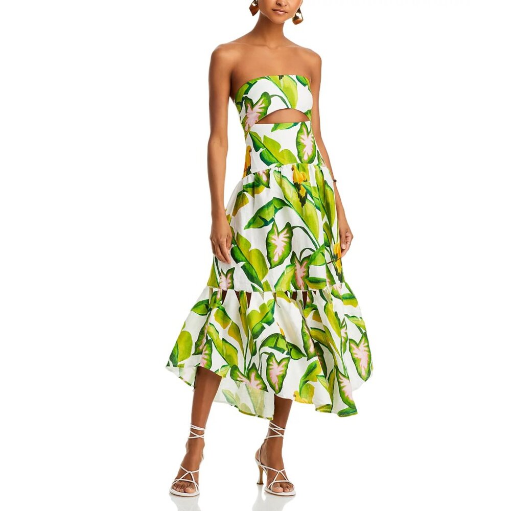 FARM RIO Summer Foliage Print Strapless Linen Midi Dress, Size M, NWT 🇧🇷